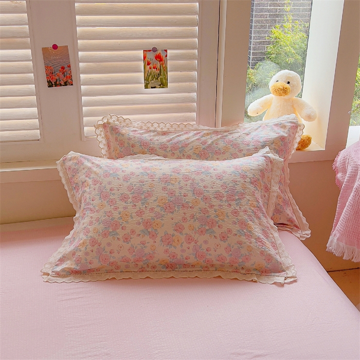 91家纺网 家纺一手货源 找家纺 壹号库家纺 2026新款云感木棉皱皱纱双层纱四件套-全棉花边款 梦露