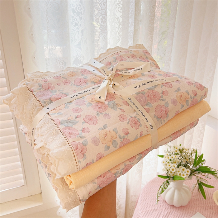 91家纺网 家纺一手货源 找家纺 壹号库家纺 2026新款云感木棉皱皱纱双层纱四件套-全棉花边款 梦露