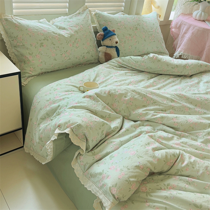 91家纺网 家纺一手货源 找家纺 壹号库家纺 2026新款云感木棉皱皱纱双层纱四件套-全棉花边款 木兮绿