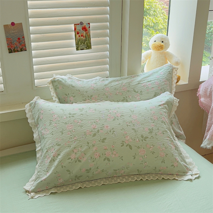 91家纺网 家纺一手货源 找家纺 壹号库家纺 2026新款云感木棉皱皱纱双层纱四件套-全棉花边款 木兮绿