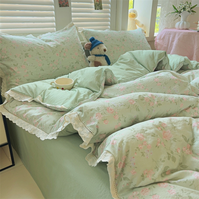 91家纺网 家纺一手货源 找家纺 壹号库家纺 2026新款云感木棉皱皱纱双层纱四件套-全棉花边款 木兮绿