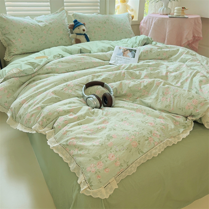 91家纺网 家纺一手货源 找家纺 壹号库家纺 2026新款云感木棉皱皱纱双层纱四件套-全棉花边款 木兮绿