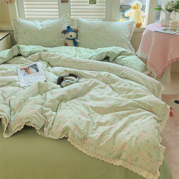 91家纺网 家纺一手货源 找家纺 壹号库家纺 2026新款云感木棉皱皱纱双层纱四件套-全棉花边款 木兮绿