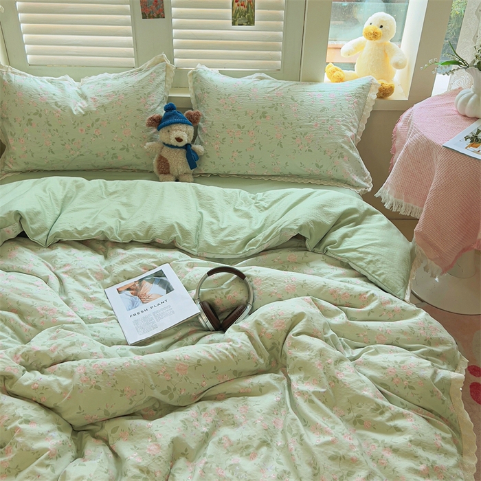 91家纺网 家纺一手货源 找家纺 壹号库家纺 2026新款云感木棉皱皱纱双层纱四件套-全棉花边款 木兮绿