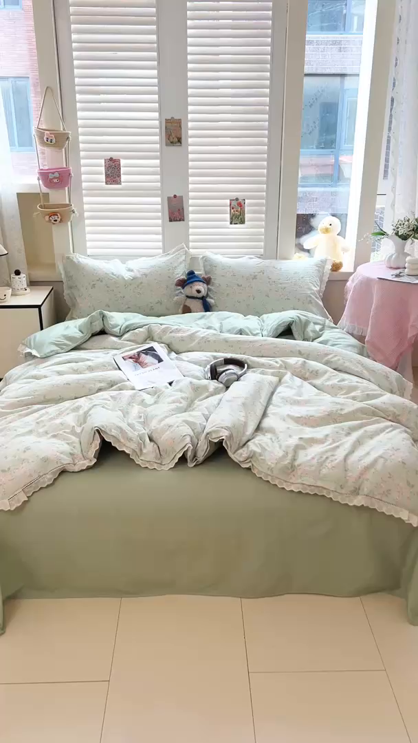 91家纺网 家纺一手货源 找家纺 壹号库家纺 2026新款云感木棉皱皱纱双层纱四件套-全棉花边款 木兮绿