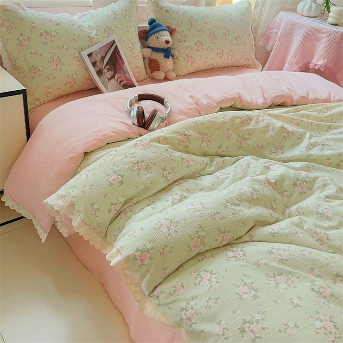 91家纺网 家纺一手货源 找家纺 壹号库家纺 2026新款云感木棉皱皱纱双层纱四件套-全棉花边款 甜茶