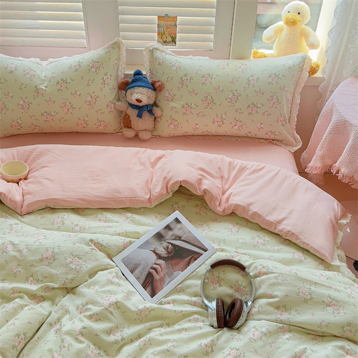 91家纺网 家纺一手货源 找家纺 壹号库家纺 2026新款云感木棉皱皱纱双层纱四件套-全棉花边款 甜茶