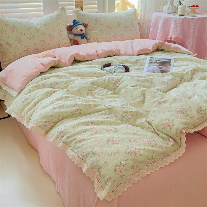 91家纺网 家纺一手货源 找家纺 壹号库家纺 2026新款云感木棉皱皱纱双层纱四件套-全棉花边款 甜茶