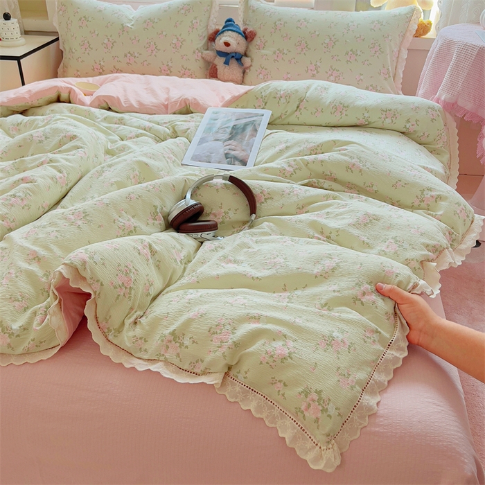 91家纺网 家纺一手货源 找家纺 壹号库家纺 2026新款云感木棉皱皱纱双层纱四件套-全棉花边款 甜茶