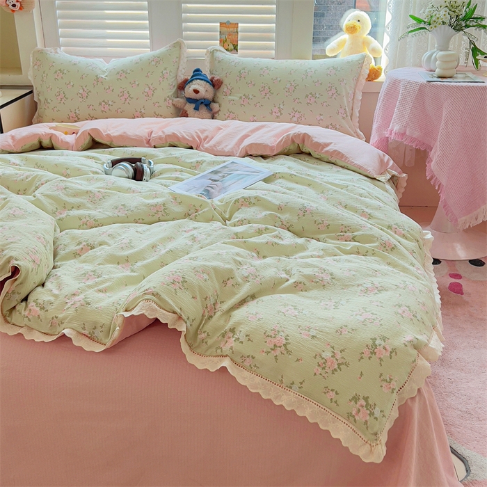 91家纺网 家纺一手货源 找家纺 壹号库家纺 2026新款云感木棉皱皱纱双层纱四件套-全棉花边款 甜茶