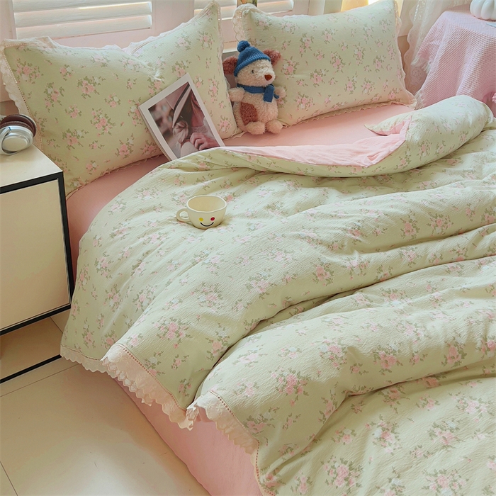 91家纺网 家纺一手货源 找家纺 壹号库家纺 2026新款云感木棉皱皱纱双层纱四件套-全棉花边款 甜茶