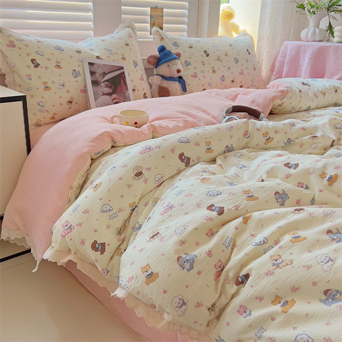 壹号库家纺 2026新款云感木棉皱皱纱双层纱四件套-全棉花边款 西高地