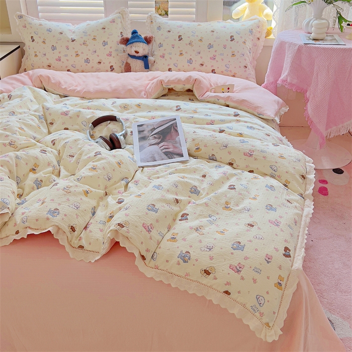 91家纺网 家纺一手货源 找家纺 壹号库家纺 2026新款云感木棉皱皱纱双层纱四件套-全棉花边款 西高地