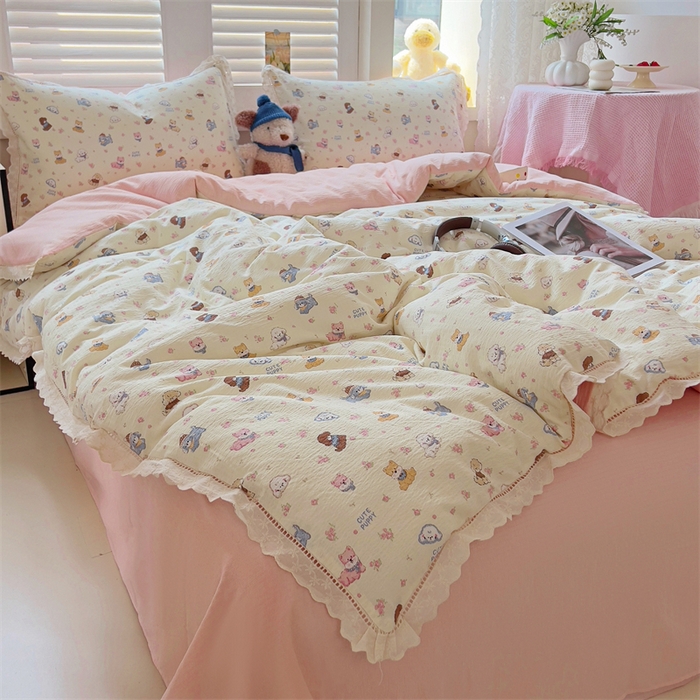 91家纺网 家纺一手货源 找家纺 壹号库家纺 2026新款云感木棉皱皱纱双层纱四件套-全棉花边款 西高地