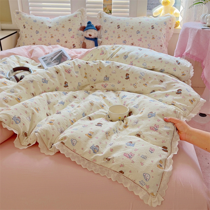 91家纺网 家纺一手货源 找家纺 壹号库家纺 2026新款云感木棉皱皱纱双层纱四件套-全棉花边款 西高地