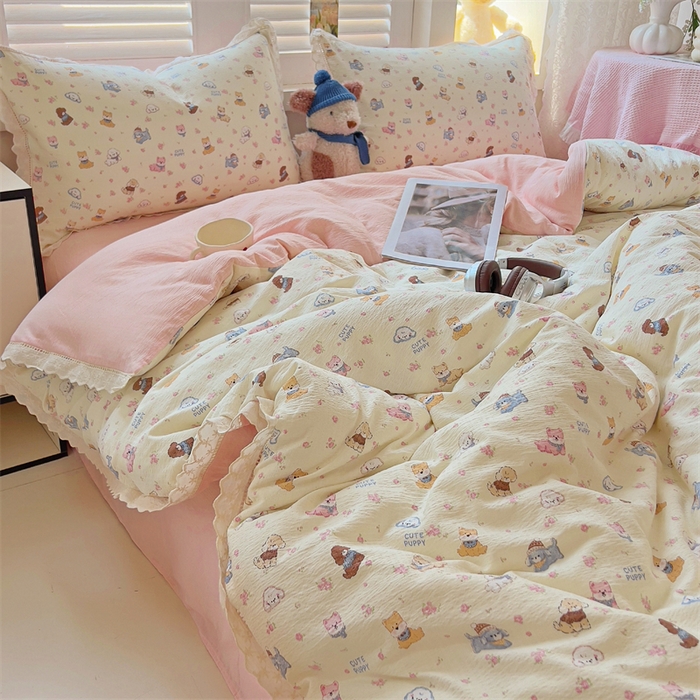 91家纺网 家纺一手货源 找家纺 壹号库家纺 2026新款云感木棉皱皱纱双层纱四件套-全棉花边款 西高地