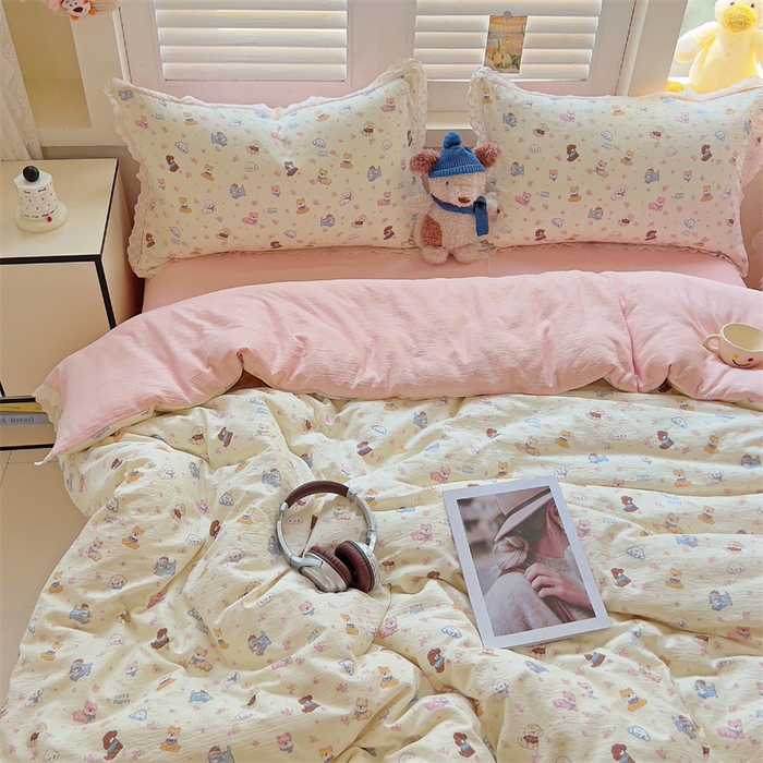 91家纺网 家纺一手货源 找家纺 壹号库家纺 2026新款云感木棉皱皱纱双层纱四件套-全棉花边款 西高地