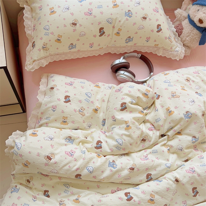 91家纺网 家纺一手货源 找家纺 壹号库家纺 2026新款云感木棉皱皱纱双层纱四件套-全棉花边款 西高地