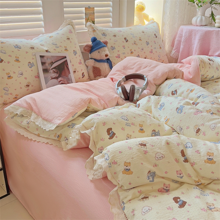 91家纺网 家纺一手货源 找家纺 壹号库家纺 2026新款云感木棉皱皱纱双层纱四件套-全棉花边款 西高地