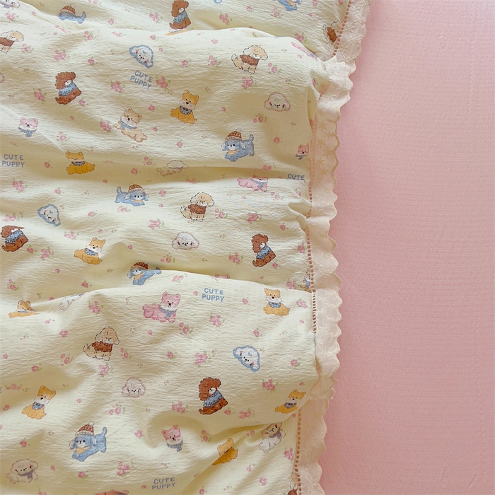 91家纺网 家纺一手货源 找家纺 壹号库家纺 2026新款云感木棉皱皱纱双层纱四件套-全棉花边款 西高地