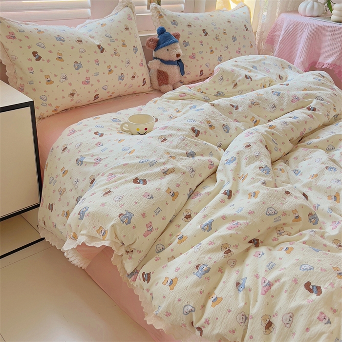 91家纺网 家纺一手货源 找家纺 壹号库家纺 2026新款云感木棉皱皱纱双层纱四件套-全棉花边款 西高地