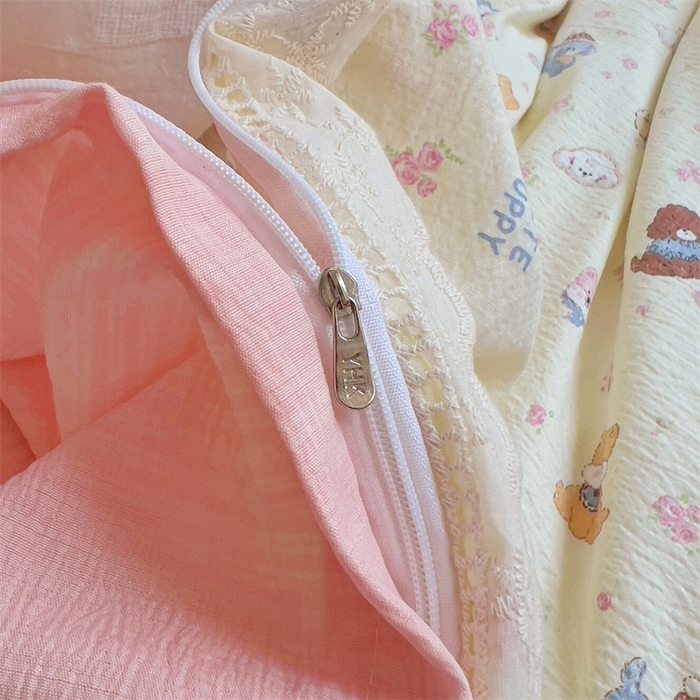 91家纺网 家纺一手货源 找家纺 壹号库家纺 2026新款云感木棉皱皱纱双层纱四件套-全棉花边款 西高地