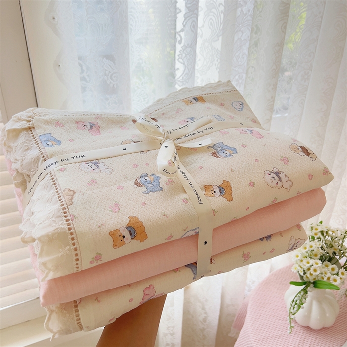 91家纺网 家纺一手货源 找家纺 壹号库家纺 2026新款云感木棉皱皱纱双层纱四件套-全棉花边款 西高地