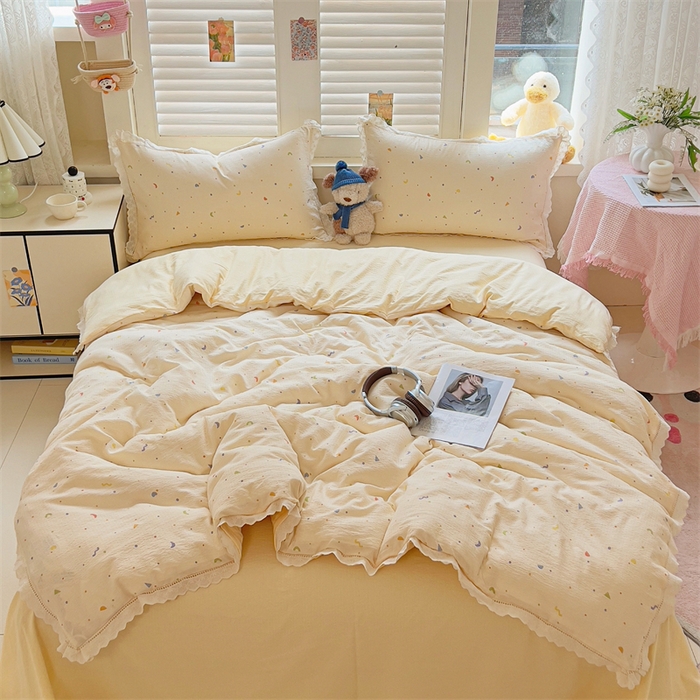 91家纺网 家纺一手货源 找家纺 壹号库家纺 2026新款云感木棉皱皱纱双层纱四件套-全棉花边款 芝士奶酪