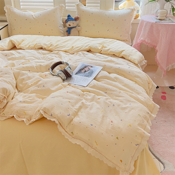 91家纺网 家纺一手货源 找家纺 壹号库家纺 2026新款云感木棉皱皱纱双层纱四件套-全棉花边款 芝士奶酪