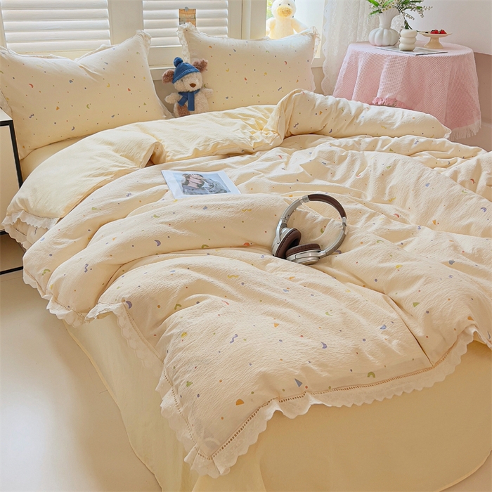 91家纺网 家纺一手货源 找家纺 壹号库家纺 2026新款云感木棉皱皱纱双层纱四件套-全棉花边款 芝士奶酪