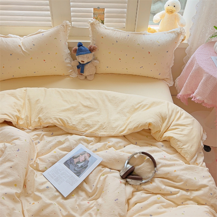 91家纺网 家纺一手货源 找家纺 壹号库家纺 2026新款云感木棉皱皱纱双层纱四件套-全棉花边款 芝士奶酪