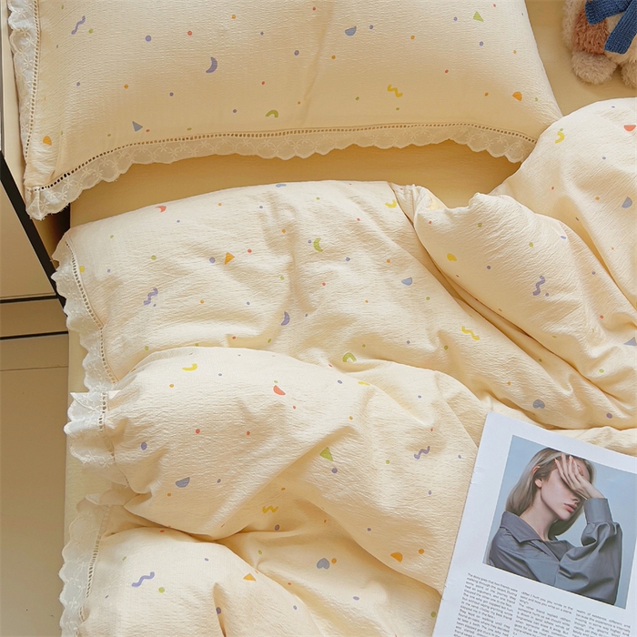 91家纺网 家纺一手货源 找家纺 壹号库家纺 2026新款云感木棉皱皱纱双层纱四件套-全棉花边款 芝士奶酪