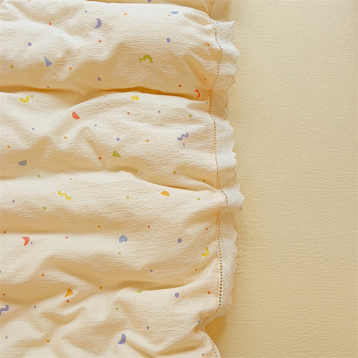 91家纺网 家纺一手货源 找家纺 壹号库家纺 2026新款云感木棉皱皱纱双层纱四件套-全棉花边款 芝士奶酪