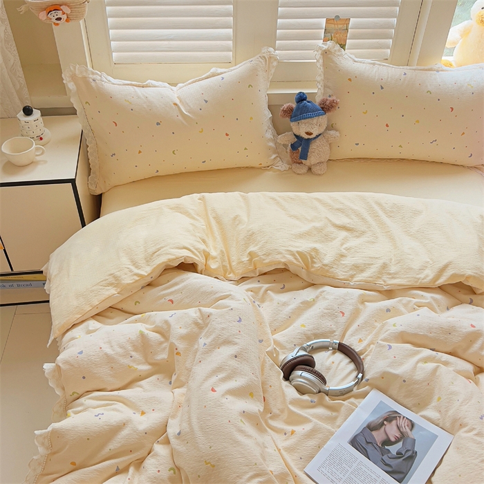 91家纺网 家纺一手货源 找家纺 （总）壹号库家纺 2026新款云感木棉皱皱纱双层纱四件套-全棉花边款