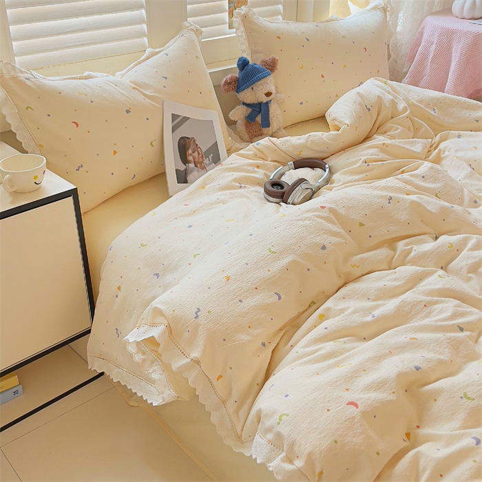 91家纺网 家纺一手货源 找家纺 （总）壹号库家纺 2026新款云感木棉皱皱纱双层纱四件套-全棉花边款