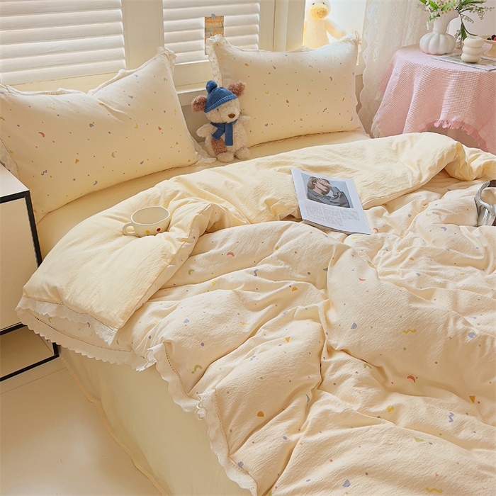 91家纺网 家纺一手货源 找家纺 （总）壹号库家纺 2026新款云感木棉皱皱纱双层纱四件套-全棉花边款