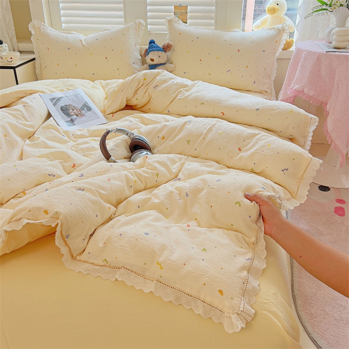 91家纺网 家纺一手货源 找家纺 （总）壹号库家纺 2026新款云感木棉皱皱纱双层纱四件套-全棉花边款