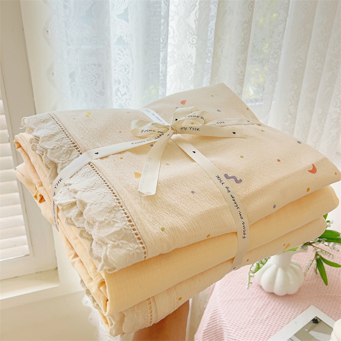 91家纺网 家纺一手货源 找家纺 （总）壹号库家纺 2026新款云感木棉皱皱纱双层纱四件套-全棉花边款