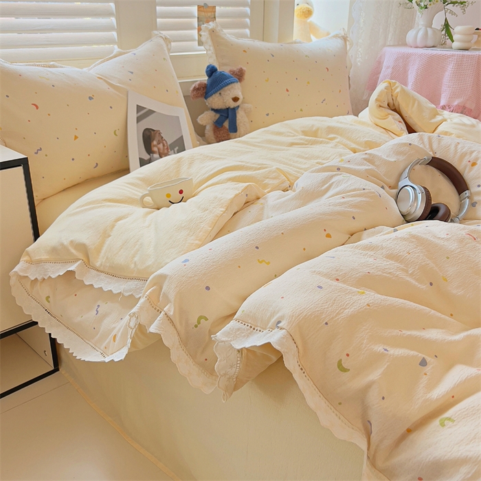 91家纺网 家纺一手货源 找家纺 （总）壹号库家纺 2026新款云感木棉皱皱纱双层纱四件套-全棉花边款