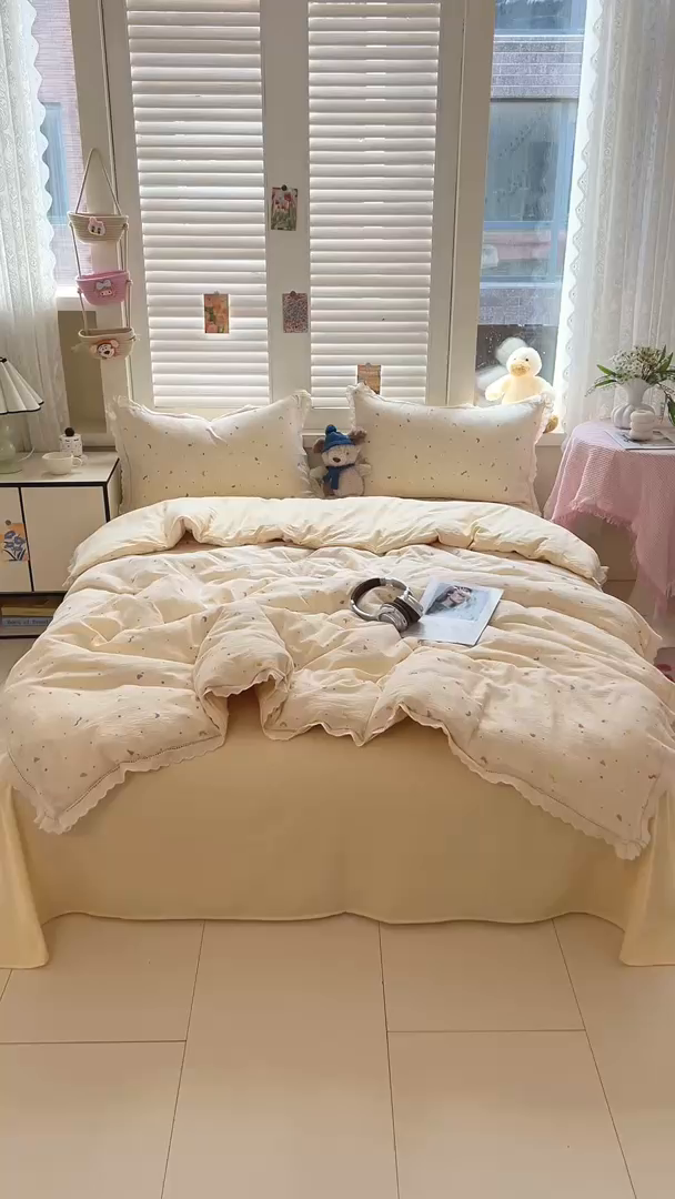 91家纺网 家纺一手货源 找家纺 （总）壹号库家纺 2026新款云感木棉皱皱纱双层纱四件套-全棉花边款