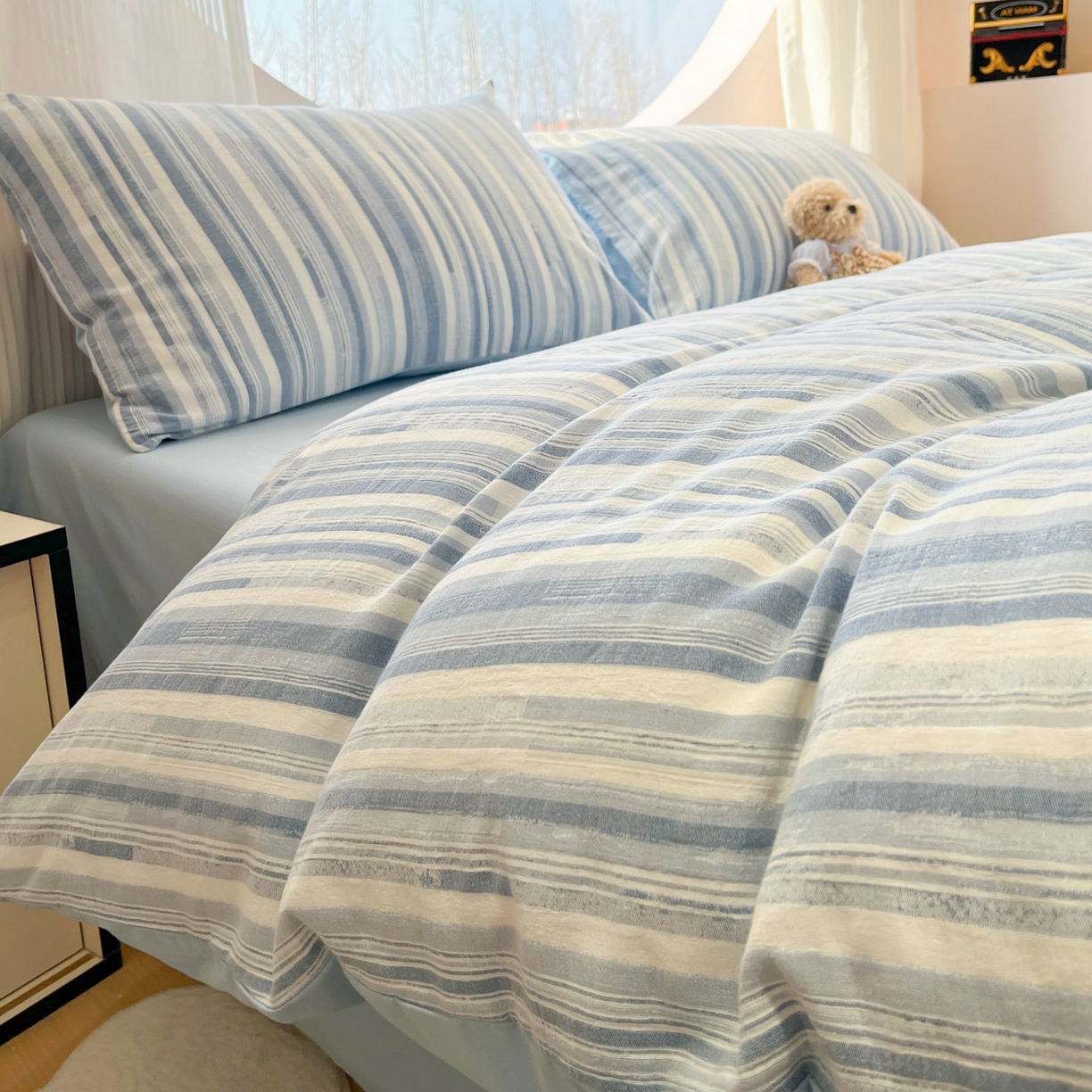 91家纺网 家纺一手货源 找家纺 莱茵家居 2026新款A类全棉纯棉色织大提花四件套-恒星系列 恒星-蓝