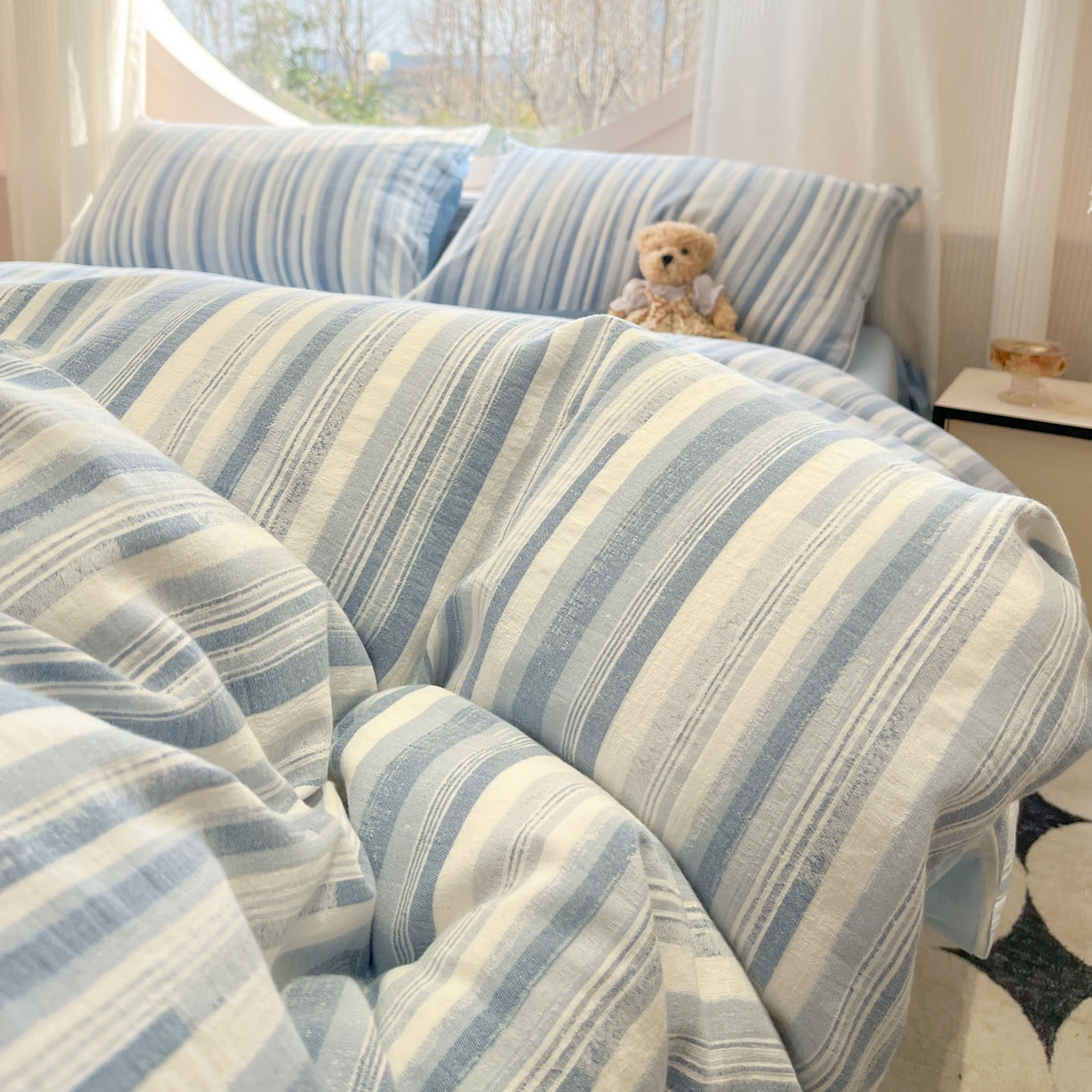 91家纺网 家纺一手货源 找家纺 莱茵家居 2026新款A类全棉纯棉色织大提花四件套-恒星系列 恒星-蓝