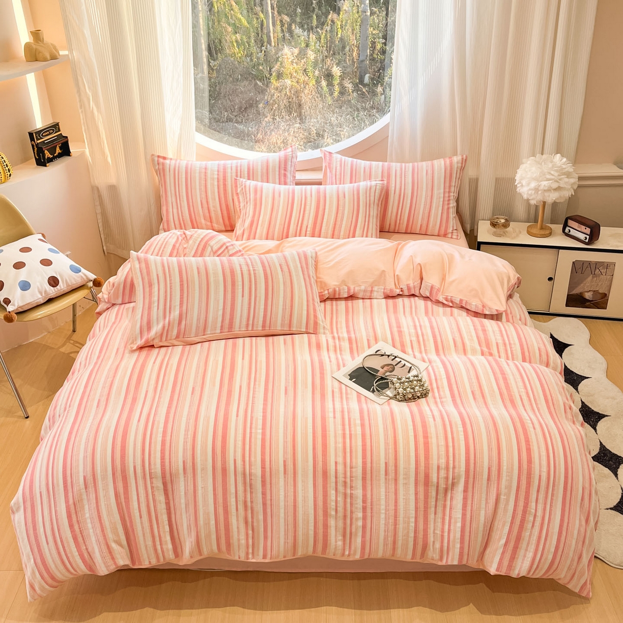 91家纺网 家纺一手货源 找家纺 莱茵家居 2026新款A类全棉纯棉色织大提花四件套-恒星系列 恒星-粉