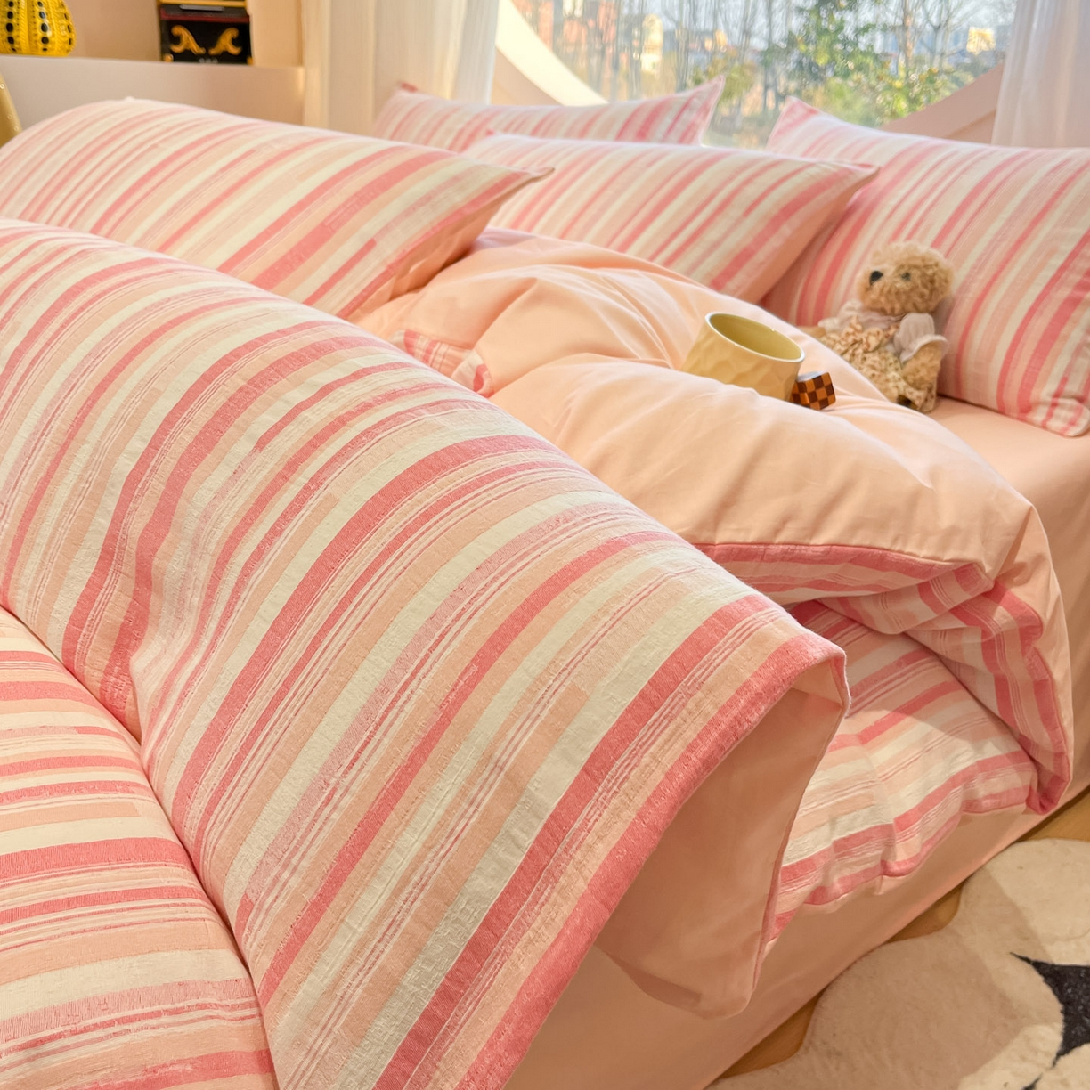 莱茵家居 2026新款A类全棉纯棉色织大提花四件套-恒星系列 恒星-粉