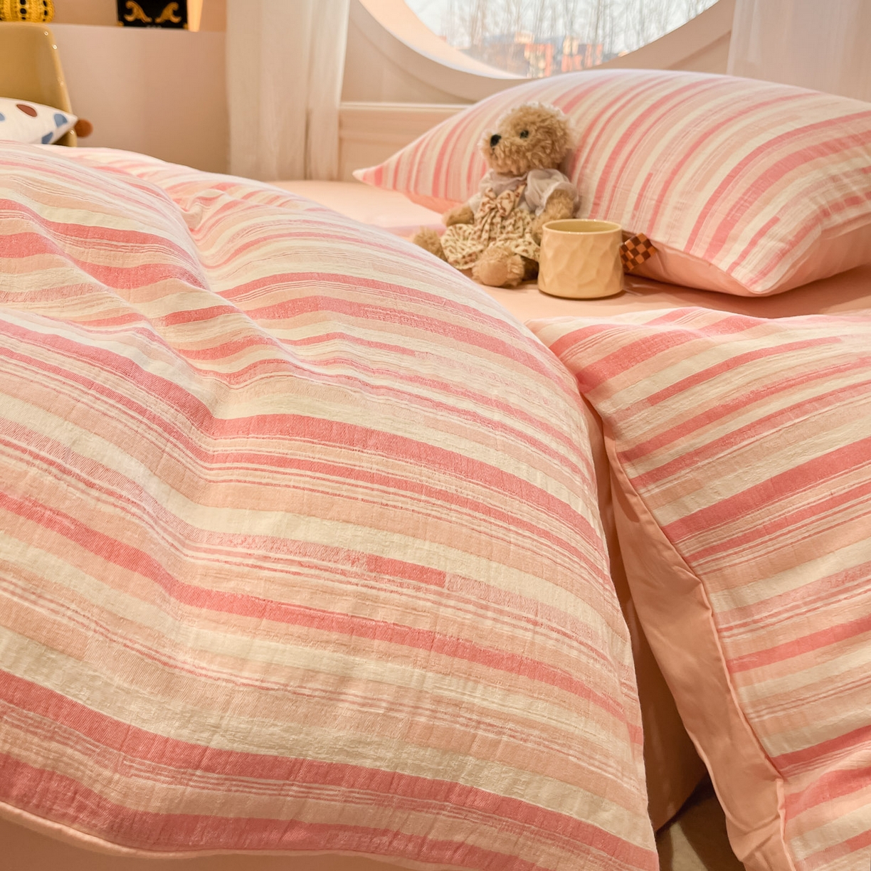 91家纺网 家纺一手货源 找家纺 莱茵家居 2026新款A类全棉纯棉色织大提花四件套-恒星系列 恒星-粉