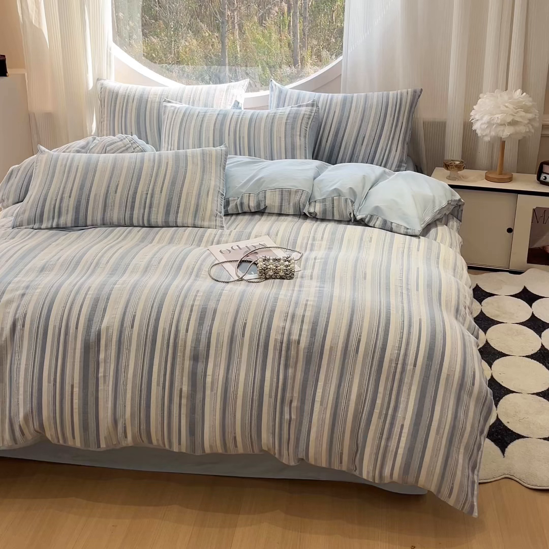 91家纺网 家纺一手货源 找家纺 莱茵家居 2026新款A类全棉纯棉色织大提花四件套-恒星系列 恒星-蓝