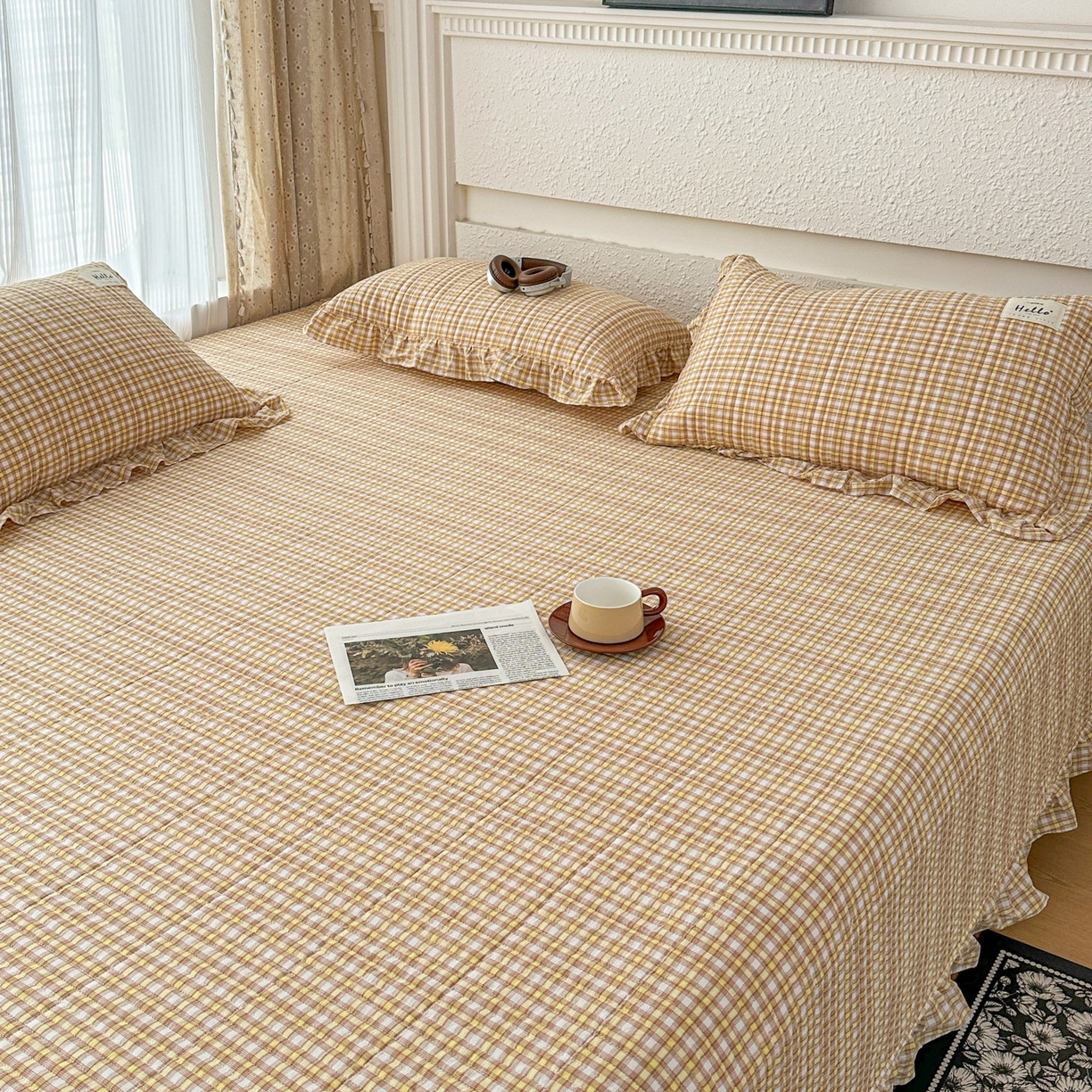 91家纺网 家纺一手货源 找家纺 暖居 2026新款全棉纯棉色织榻榻米三件套四件套单件大炕盖支持定制 黄小格