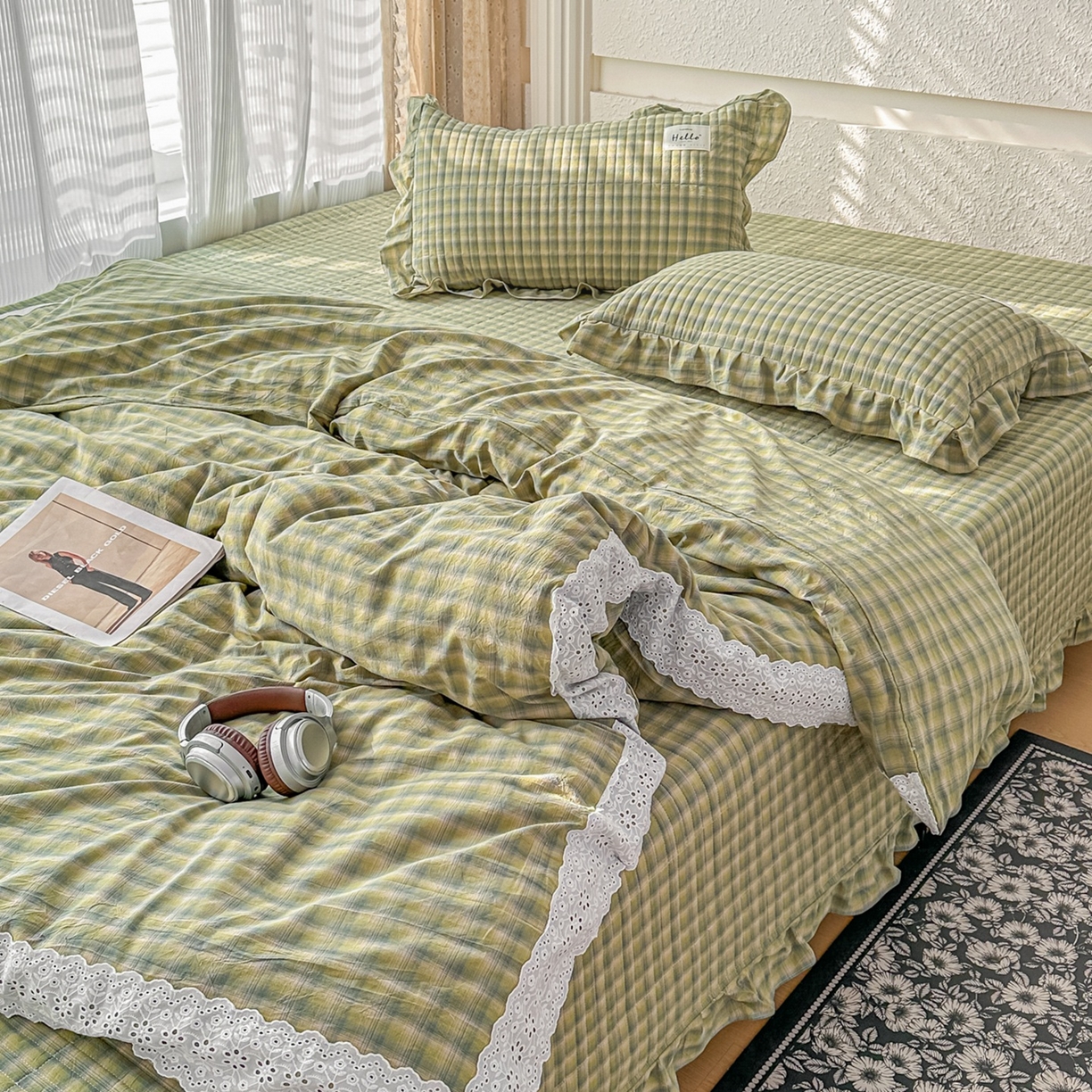 91家纺网 家纺一手货源 找家纺 暖居 2026新款全棉纯棉色织榻榻米三件套四件套单件大炕盖支持定制 抹茶绿