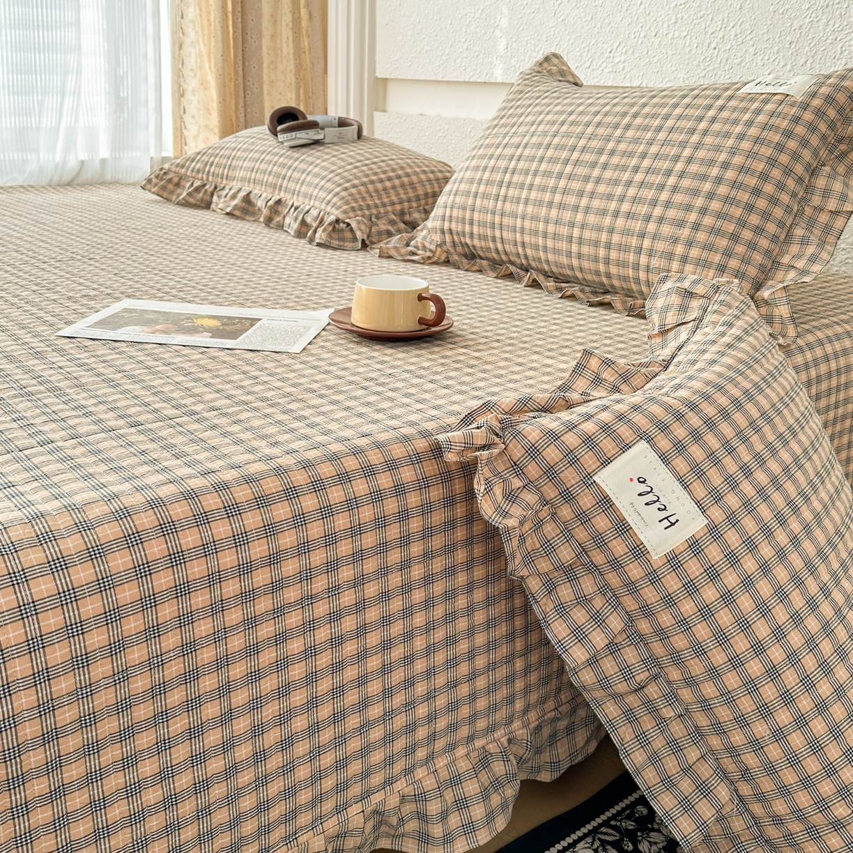 91家纺网 家纺一手货源 找家纺 暖居 2026新款全棉纯棉色织榻榻米三件套四件套单件大炕盖支持定制 经典咖小格