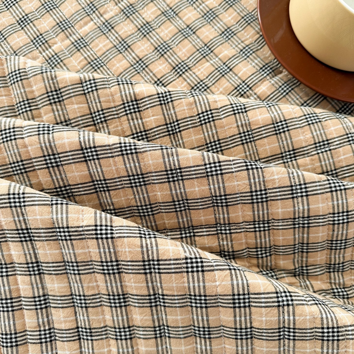 91家纺网 家纺一手货源 找家纺 暖居 2026新款全棉纯棉色织榻榻米三件套四件套单件大炕盖支持定制 经典咖小格